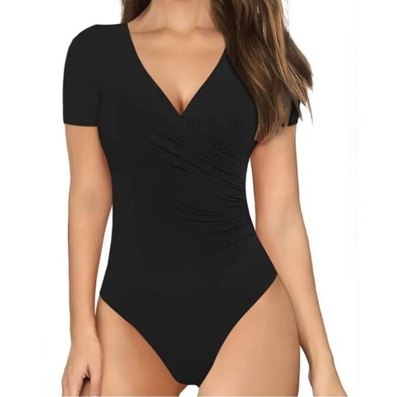 Mangopop Wrap Short Sleeve Bodysuit Top NWT XL Black Vneck Snap Bottom Shirt - Picture 1 of 5